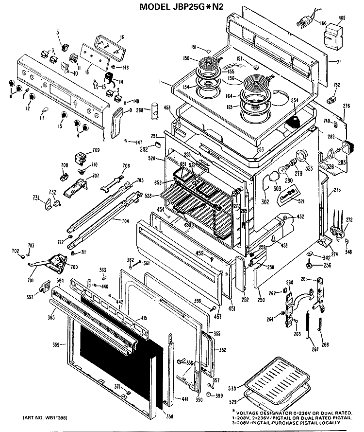 Section Diagram and Parts List for JBP25G*N2  General Electric Range