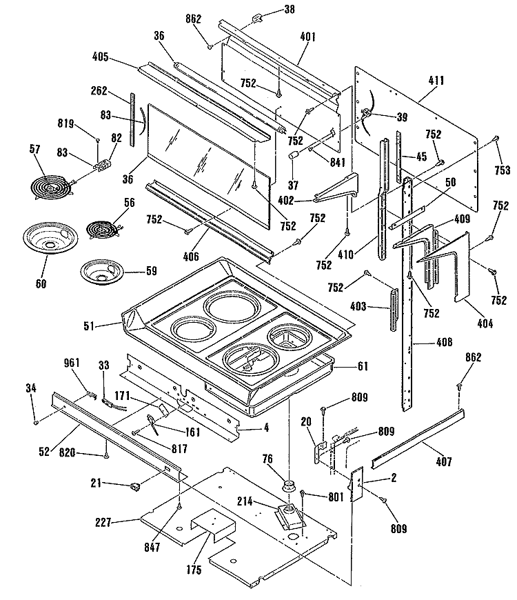 Section Diagram and Parts List for JHP56GN1  General Electric Range