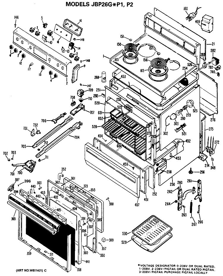 Section Diagram and Parts List for JBP26G*P1  General Electric Range