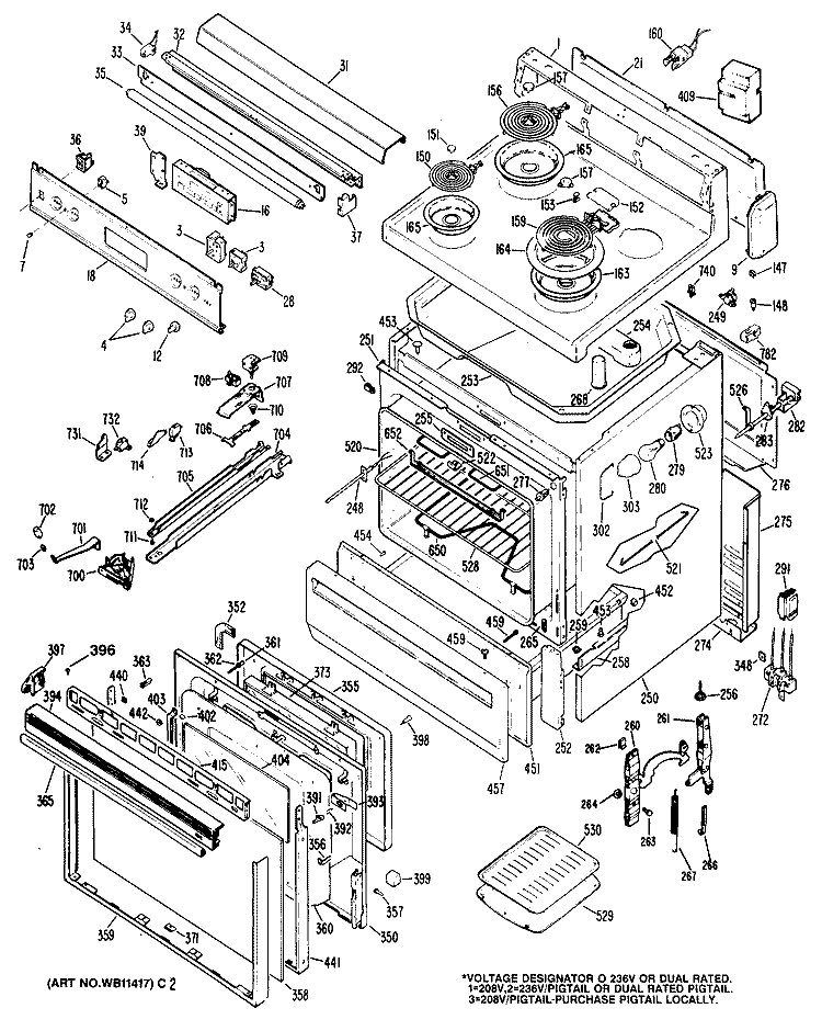 Section Diagram and Parts List for JB550G*P1  General Electric Range