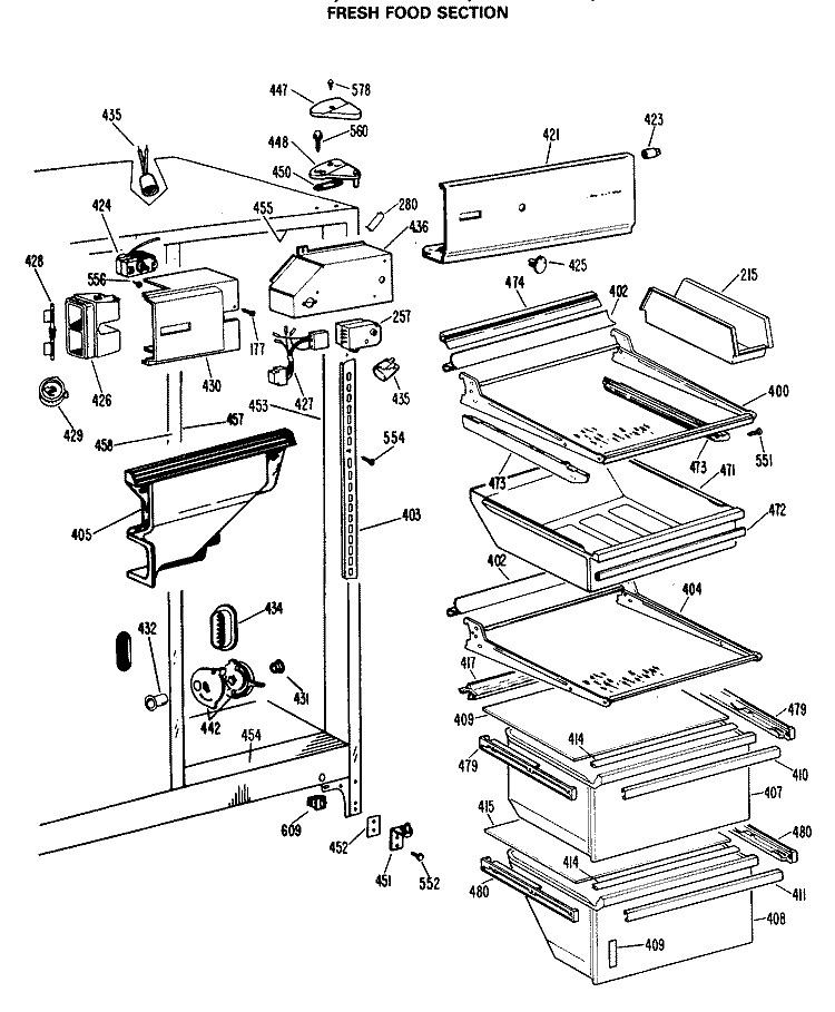 FRESH FOOD SECTION Diagram and Parts List for TFX24ZLL  General Electric Refrigerator