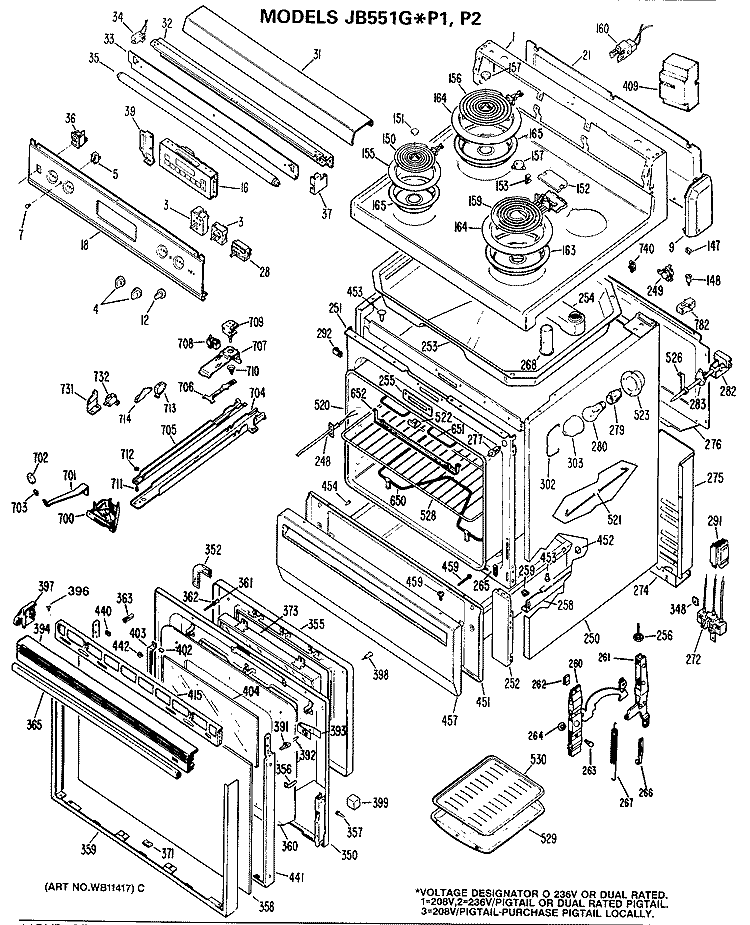 Section Diagram and Parts List for JB551G*P2  General Electric Range