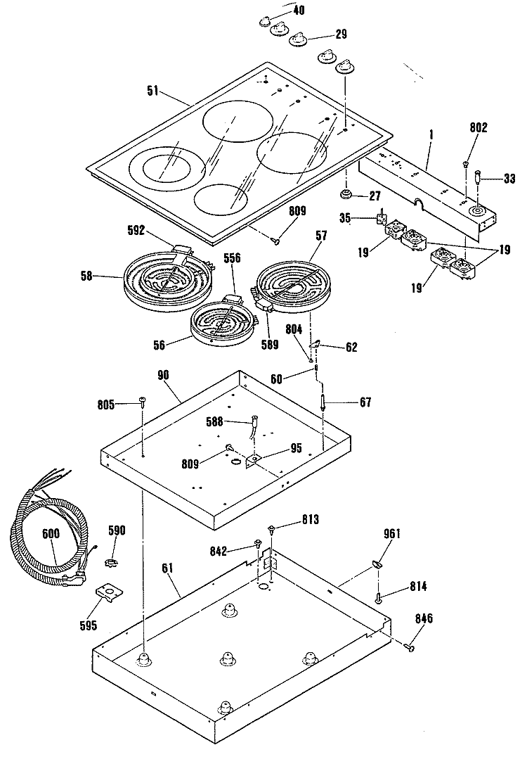 Section Diagram and Parts List for JP343P1  General Electric Cooktop