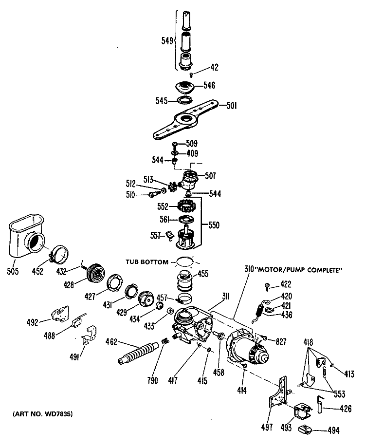 Section Diagram and Parts List for ZBD3000P25BW  General Electric Dishwasher