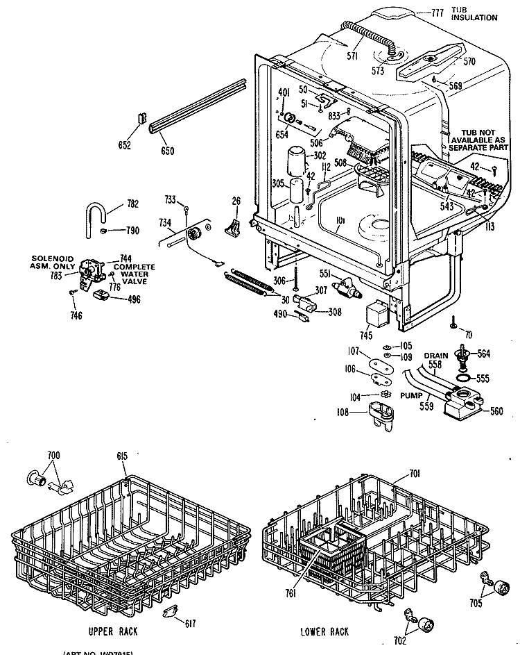 Section Diagram and Parts List for GSD970P-25  General Electric Dishwasher