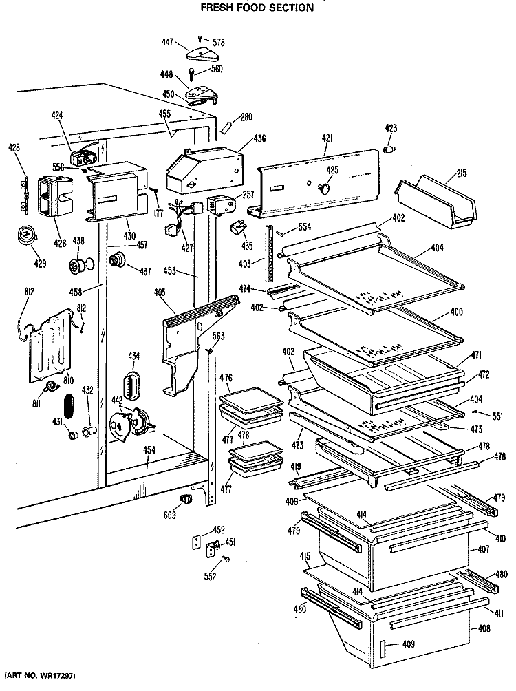 FRESH FOOD SECTION Diagram and Parts List for TFX27ELL  General Electric Refrigerator