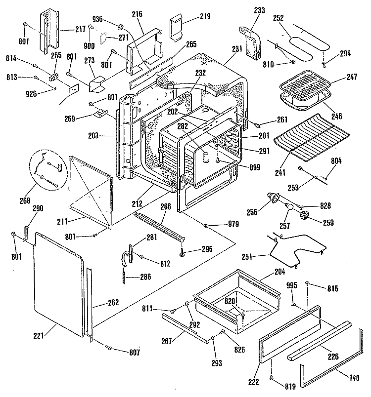 Section Diagram and Parts List for JSP28GP1  General Electric Range