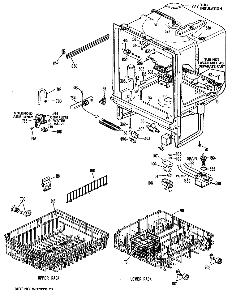 Section Diagram and Parts List for ZBD3300R35WB  General Electric Dishwasher