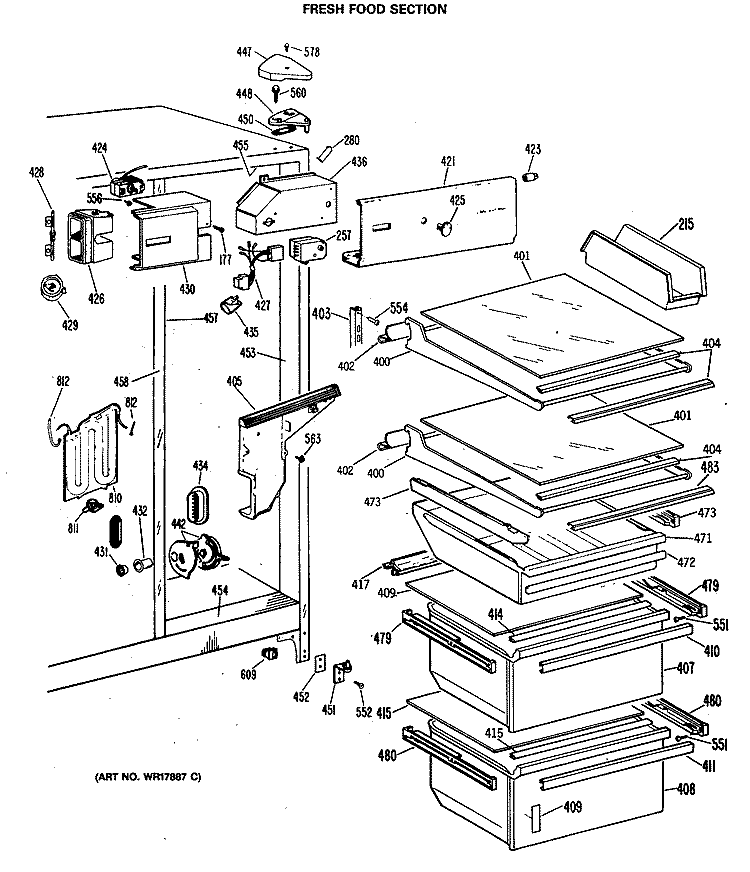 FRESH FOOD SECTION Diagram and Parts List for TFEW24RMA  General Electric Refrigerator