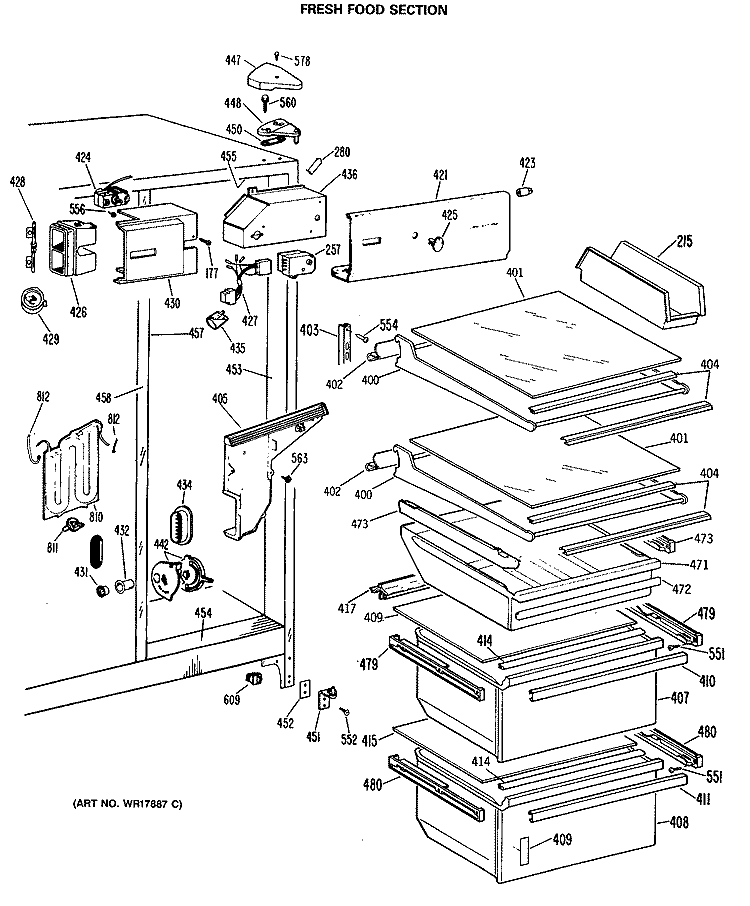 FRESH FOOD SECTION Diagram and Parts List for TFXW24RMA  General Electric Refrigerator