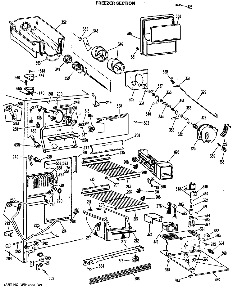 FREEZER SECTION Diagram and Parts List for TFCW24RMA  General Electric Refrigerator