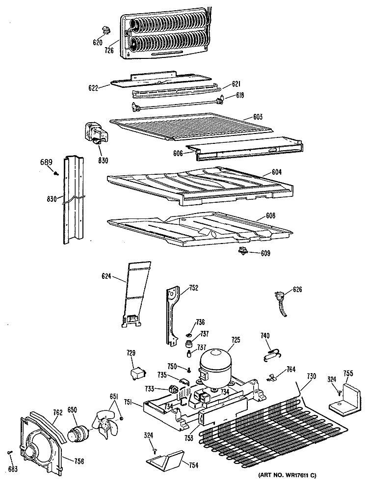 Section Diagram and Parts List for TBE18PRERAD  General Electric Refrigerator