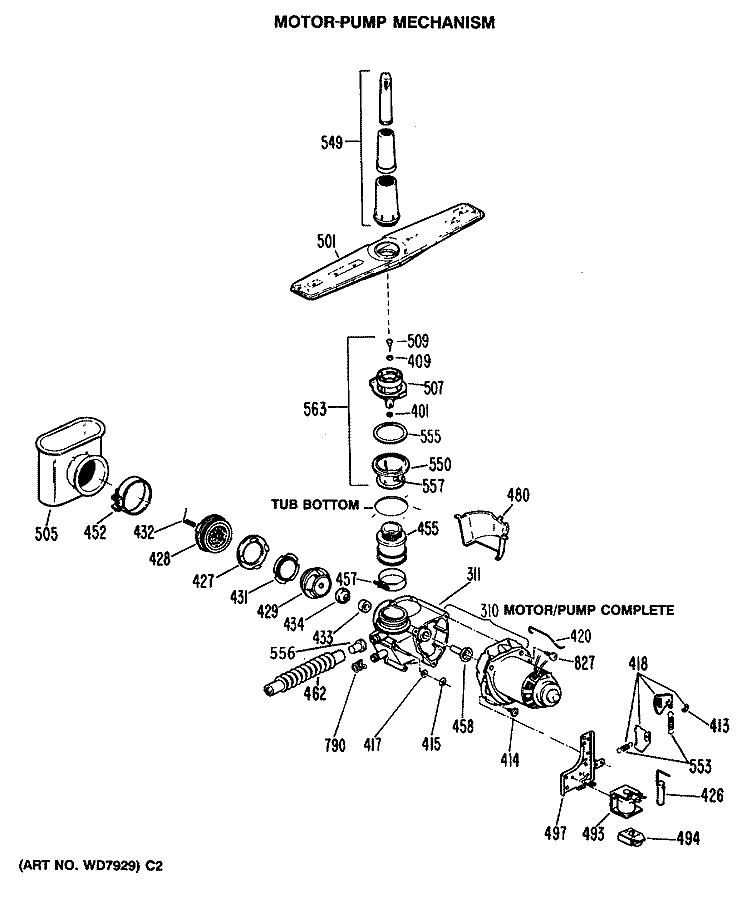 MOTOR - PUMP MECHANISM Diagram and Parts List for GSD640P-36BA  General Electric Dishwasher
