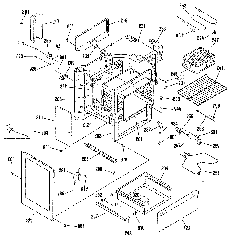 Section Diagram and Parts List for JB579GR1  General Electric Range
