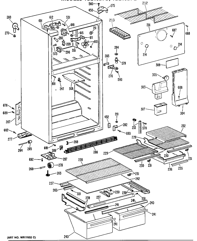 Section Diagram and Parts List for TBE16DPERAD  General Electric Refrigerator