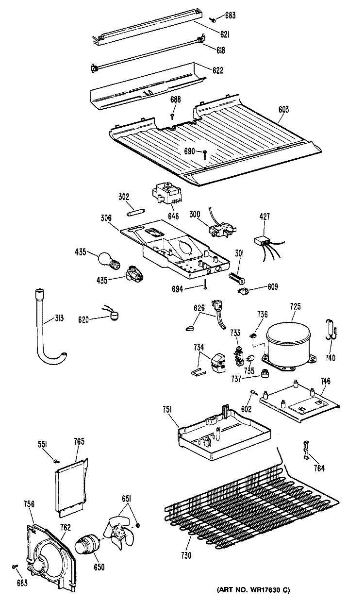 Section Diagram and Parts List for TBE16DPERAD  General Electric Refrigerator