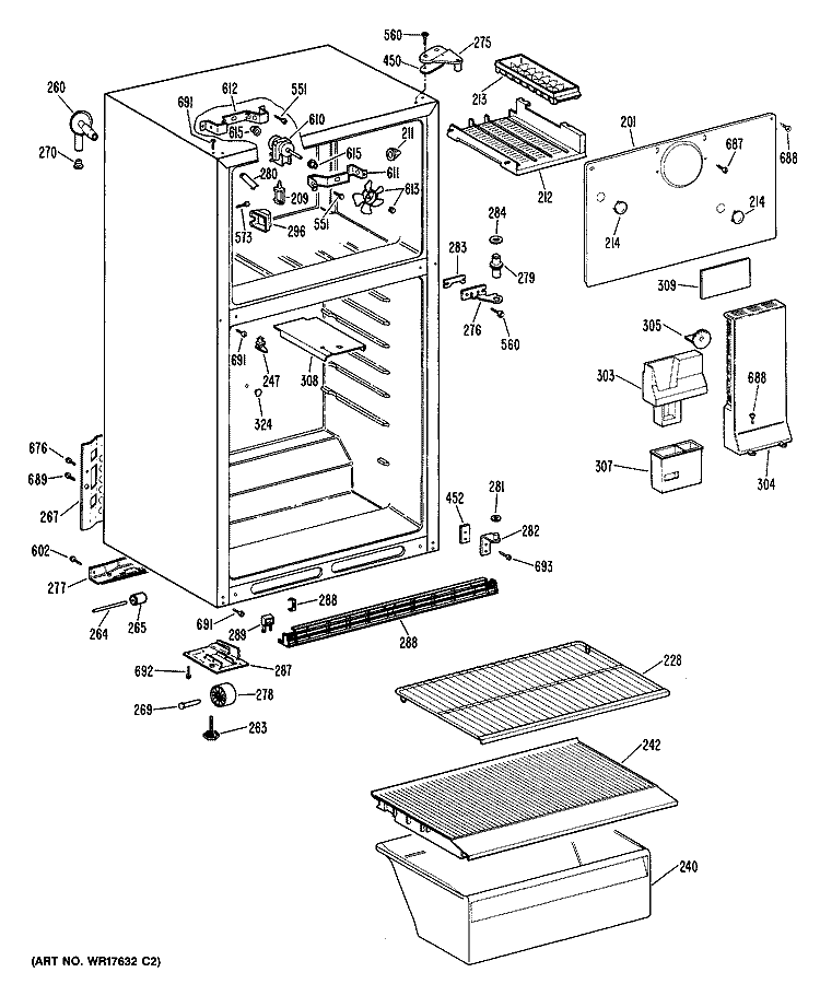 Section Diagram and Parts List for TBE14SPDRWH  General Electric Refrigerator