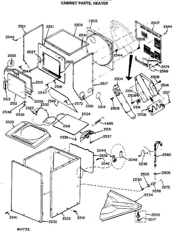 CABINET PARTS, HEATER Diagram and Parts List for WSM2400LCB  General Electric Washer Dryer Combo