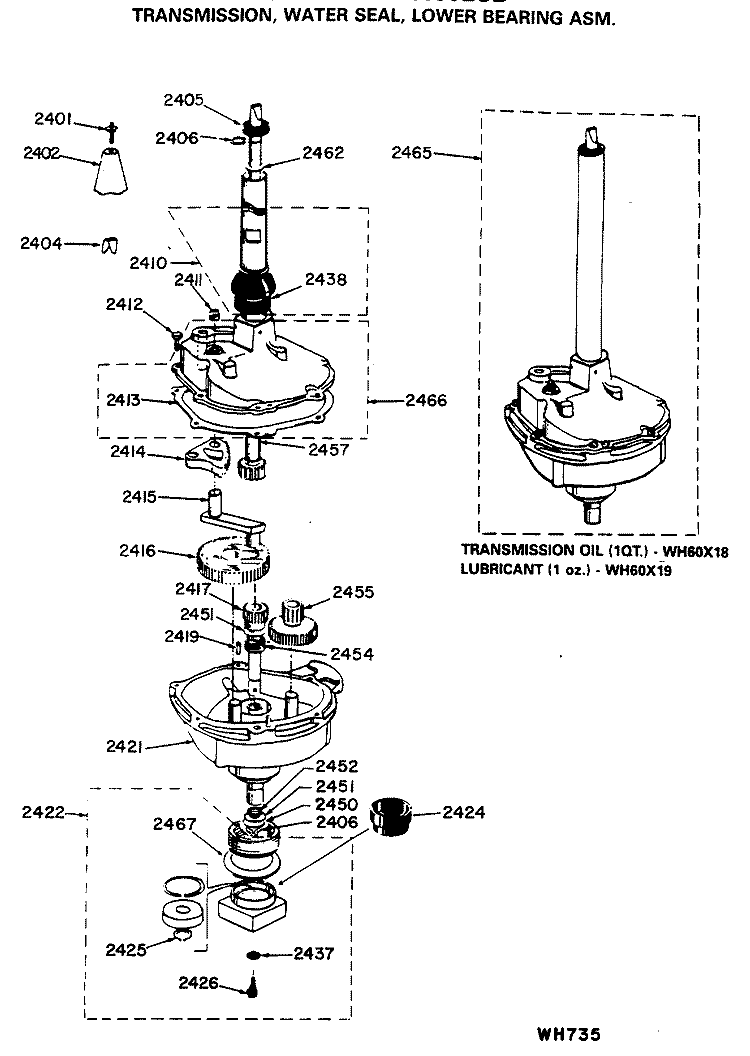 TRANSMISSION, WATER SEAL, LOWER BEARING ASM. Diagram and Parts List for WSM2400LCB  General Electric Washer Dryer Combo