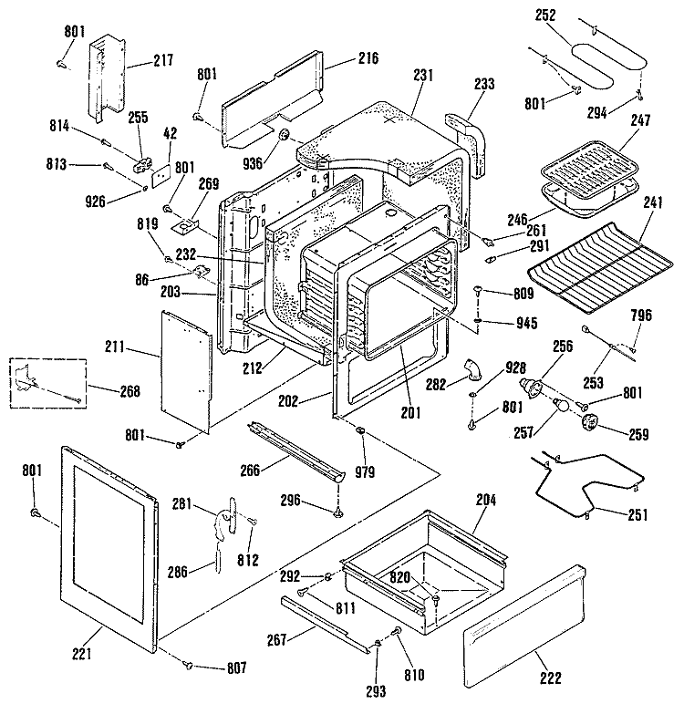 Section Diagram and Parts List for JBP29GM3  General Electric Range