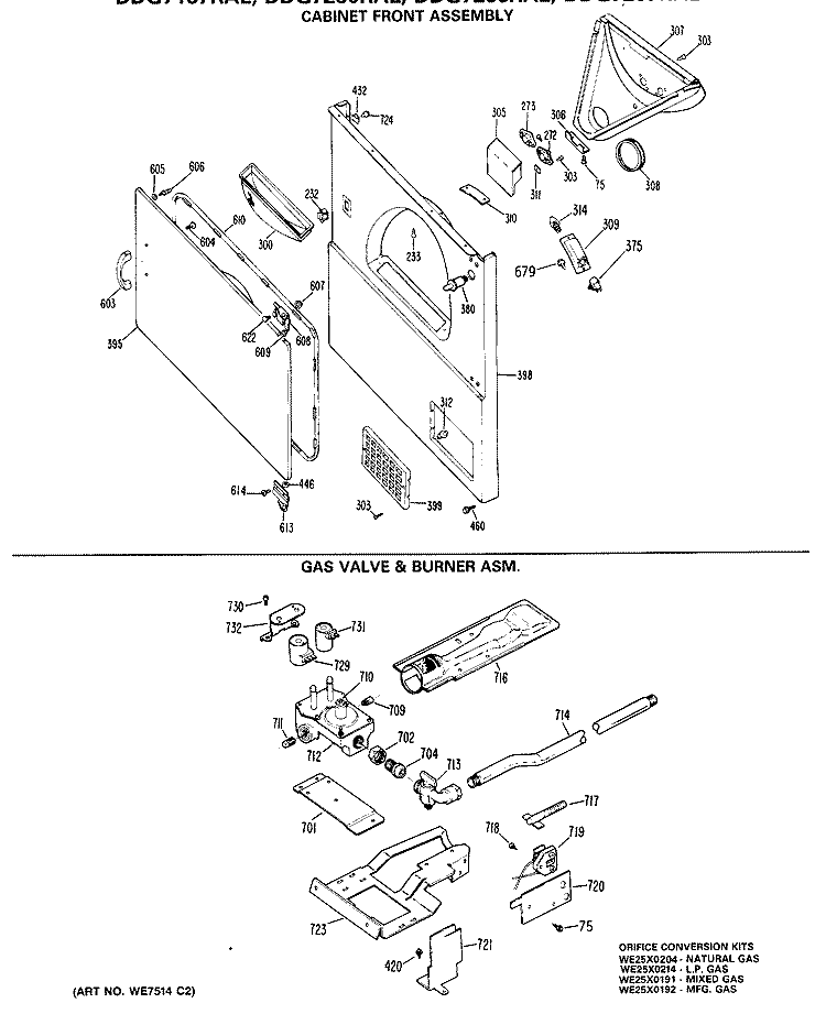 CABINET FRONT ASSEMBLY Diagram and Parts List for DDG7187RAL  General Electric Dryer