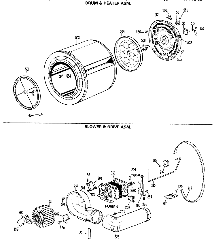 DRUM & HEATER ASM. Diagram and Parts List for DDE7207RAL  General Electric Dryer