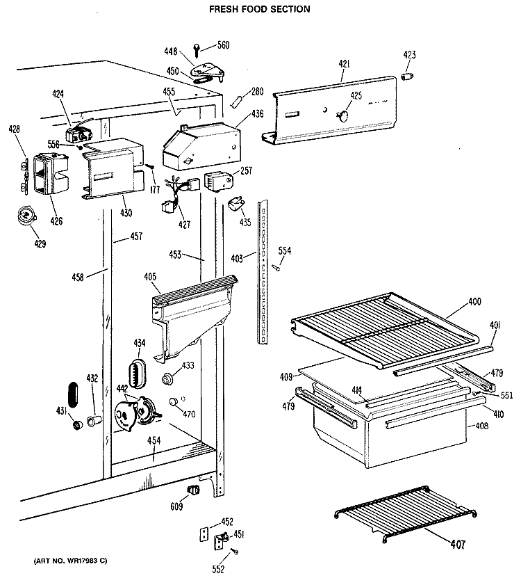 FRESH FOOD SECTION Diagram and Parts List for TFX19LRAWH  General Electric Refrigerator