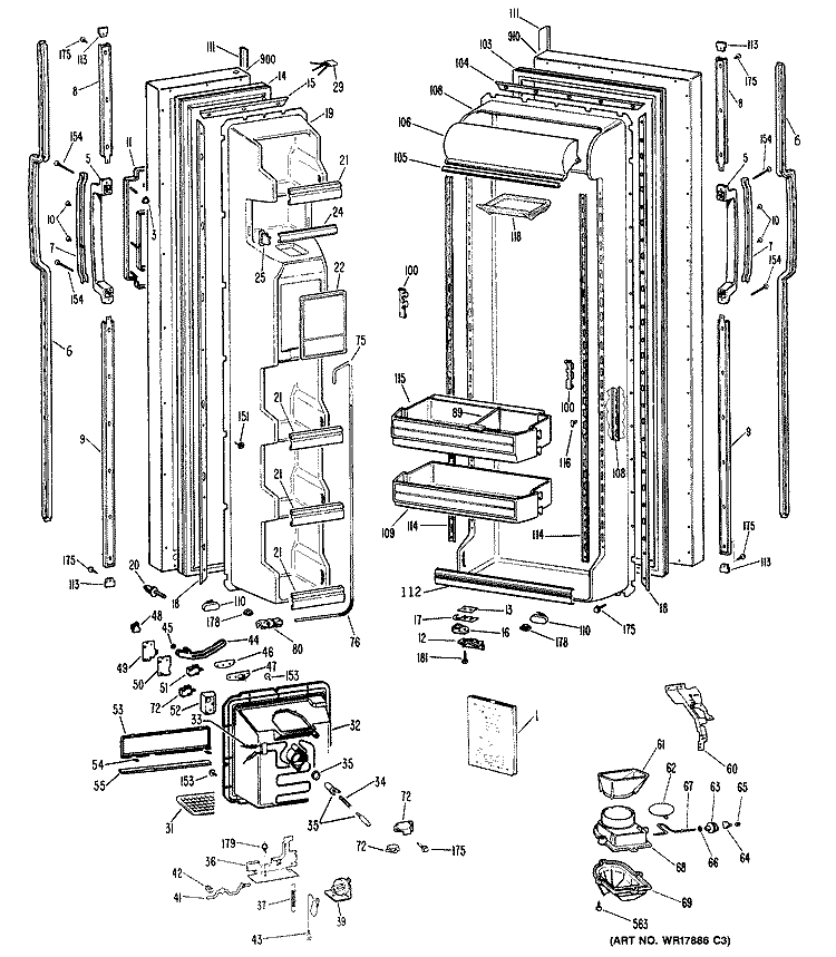 Section Diagram and Parts List for TFX22RRAWH  General Electric Refrigerator
