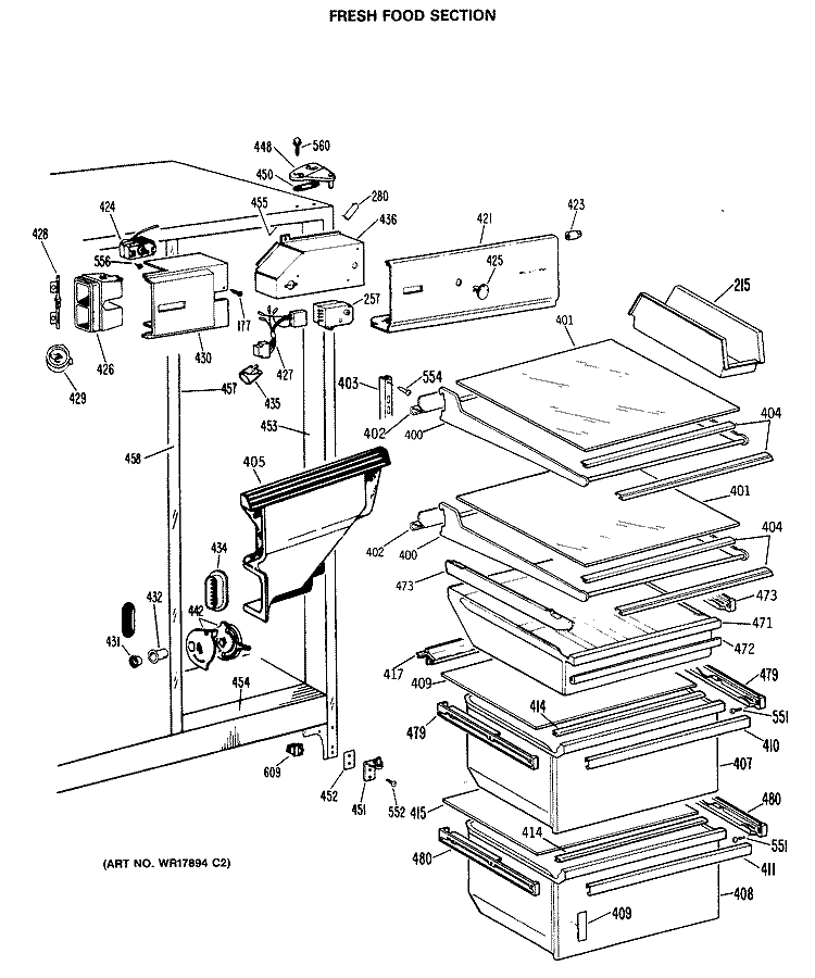 FRESH FOOD SECTION Diagram and Parts List for TFX22ZRAAD  General Electric Refrigerator