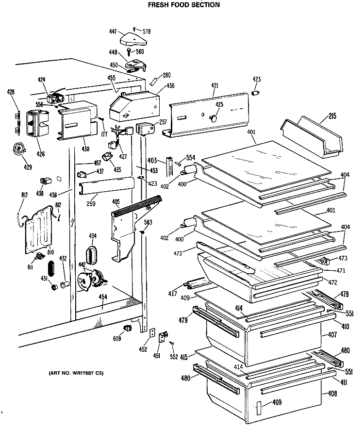 FRESH FOOD SECTION Diagram and Parts List for TFX24FRAAD  General Electric Refrigerator