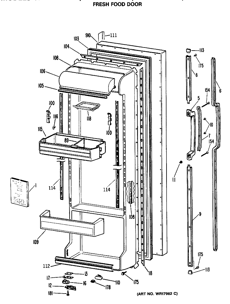 FRESH FOOD DOOR Diagram and Parts List for TFX24RRAWH  General Electric Refrigerator