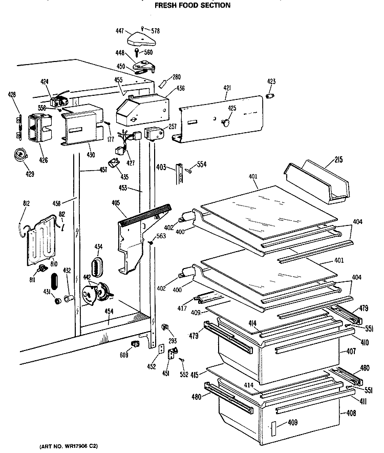 FRESH FOOD SECTION Diagram and Parts List for TFX24SRBWH  General Electric Refrigerator