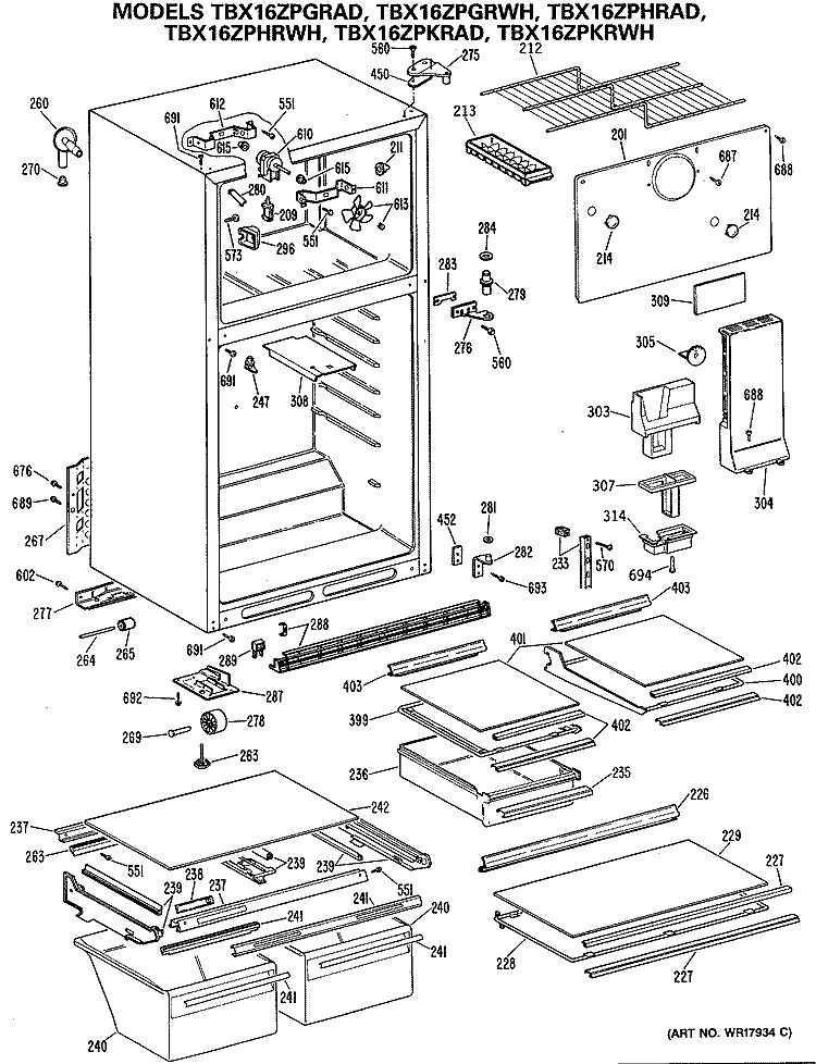 Section Diagram and Parts List for TBX16ZPGRWH  General Electric Refrigerator