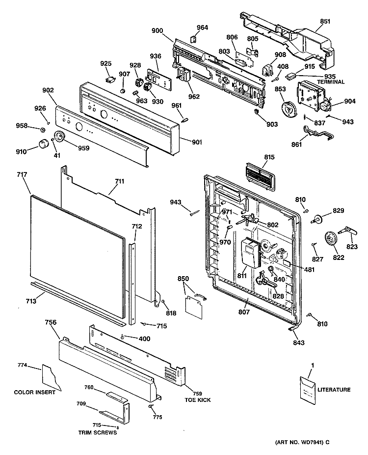 Section Diagram and Parts List for ZBD3300R45WB  General Electric Dishwasher