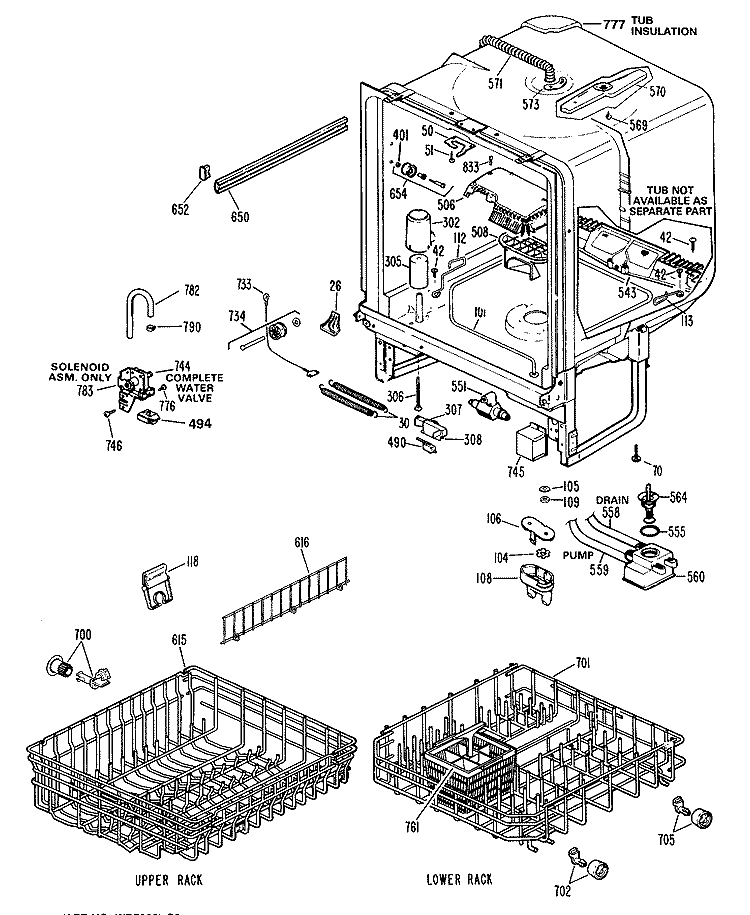UPPER RACK Diagram and Parts List for ZBD3300R45WB  General Electric Dishwasher