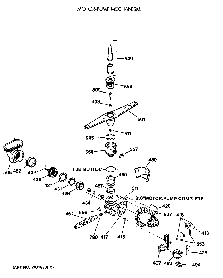 MOTOR - PUMP MECHANISM Diagram and Parts List for GSD680T-64WW  General Electric Dishwasher