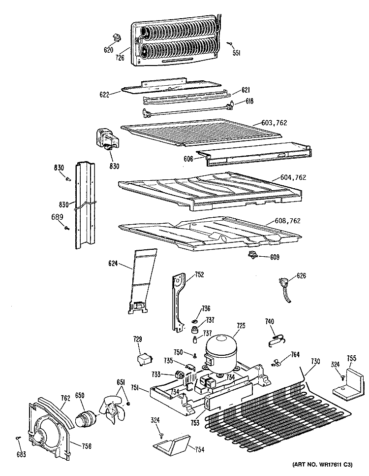 Section Diagram and Parts List for TBE18ZPLRAD  General Electric Refrigerator