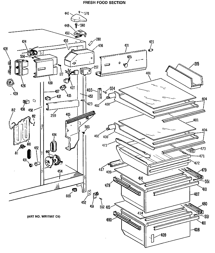 FRESH FOOD SECTION Diagram and Parts List for TFE24FRAWH  General Electric Refrigerator