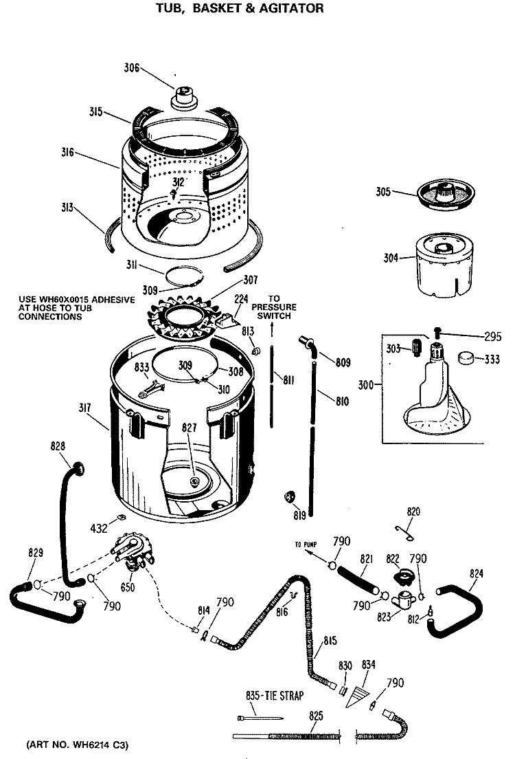 TUB, BASKET & AGITATOR Diagram and Parts List for WWA7800RBL  General Electric Washer