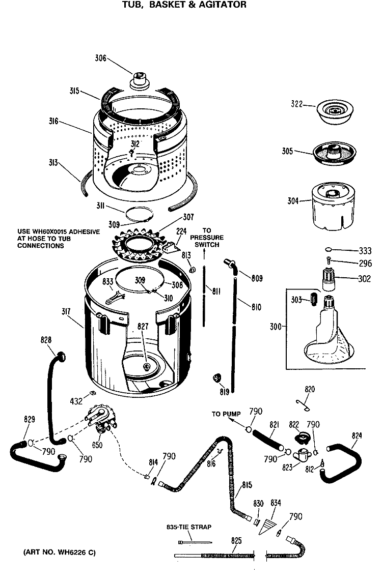 TUB, BASKET & AGITATOR Diagram and Parts List for WWA9890RBL  General Electric Washer
