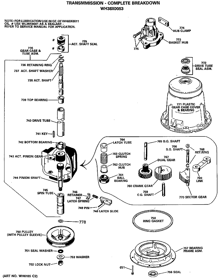TRANSMISSION - COMPLETE BREAKDOWN Diagram and Parts List for WWA8657RBL  General Electric Washer