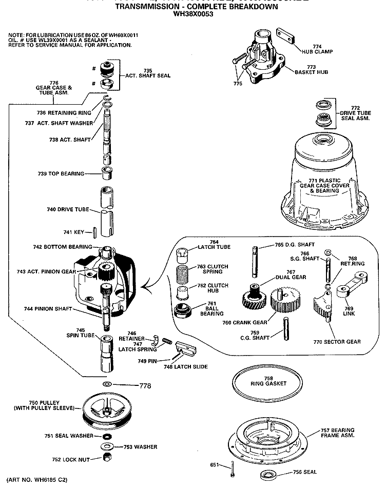 TRANSMISSION - COMPLETE BREAKDOWN Diagram and Parts List for WWA8816RBL  General Electric Washer