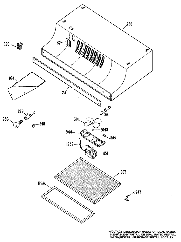 Section Diagram and Parts List for JN335R1  General Electric Range Hood