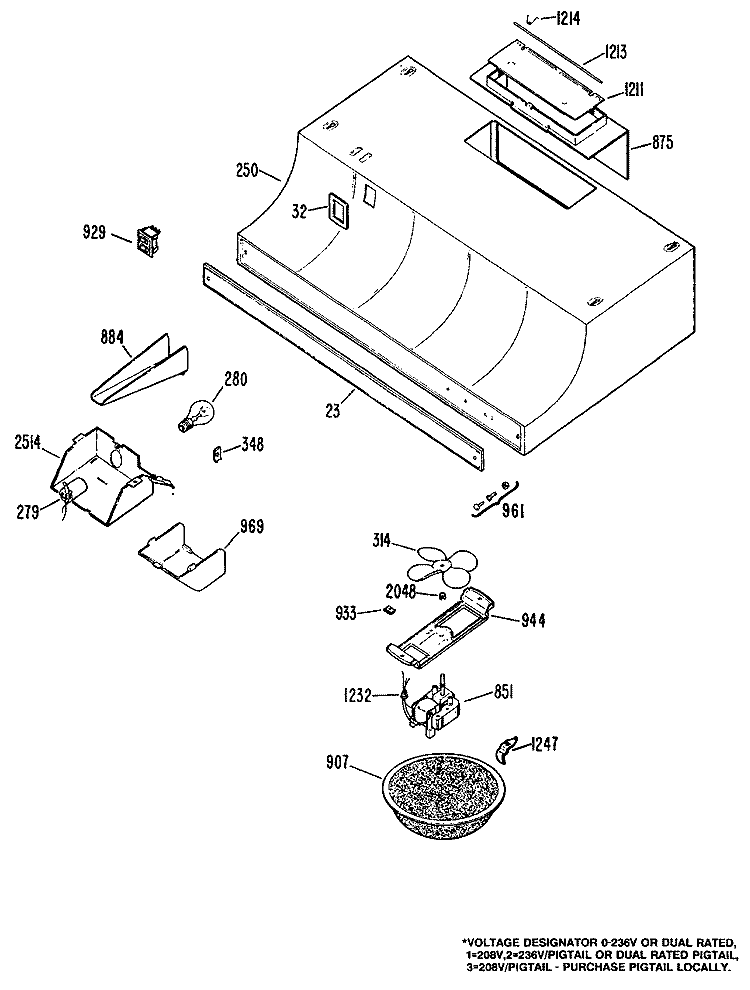 Section Diagram and Parts List for JV635R1  General Electric Range Hood