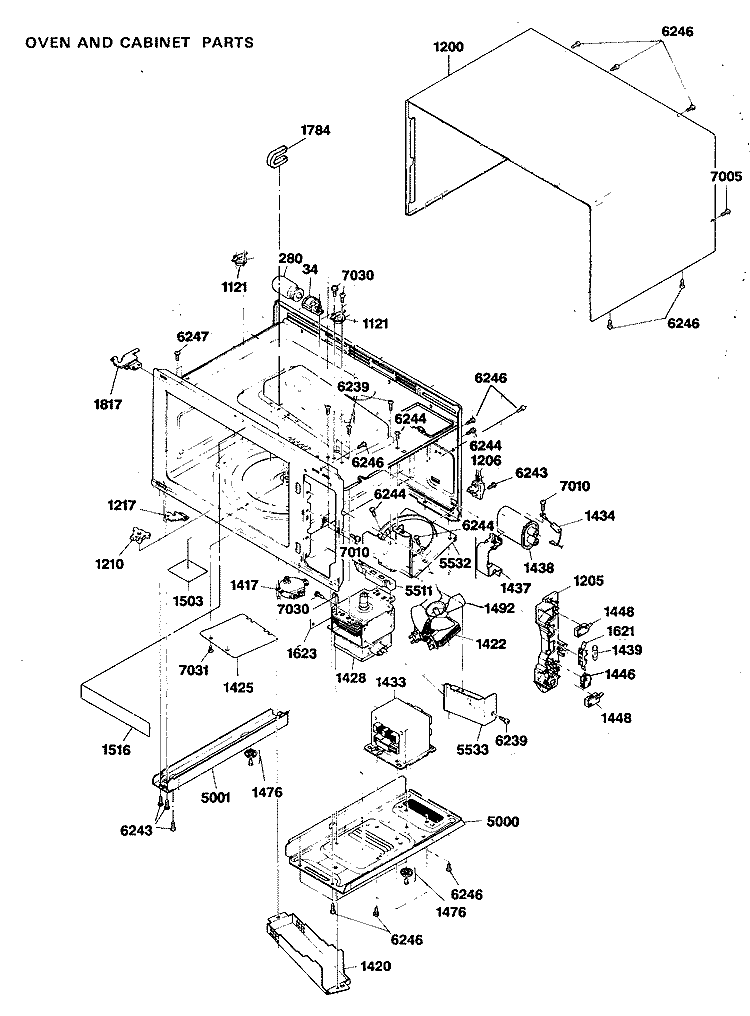 OVEN AND CABINET PARTS Diagram and Parts List for JE925T01  General Electric Microwave