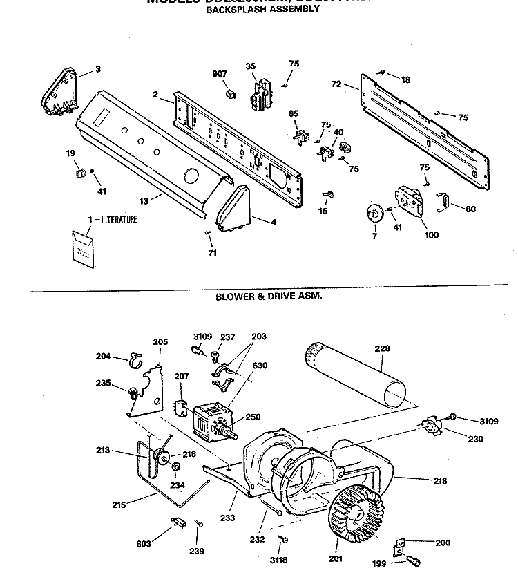 BACKSPLASH ASSESMBLY Diagram and Parts List for DDE8200RBM  General Electric Dryer