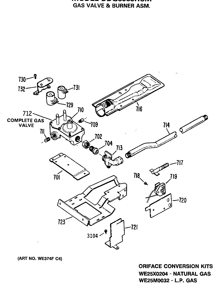 GAS VALVE & BURNER ASM. Diagram and Parts List for DDG8589RCM  General Electric Dryer