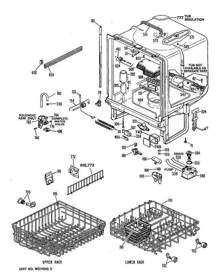 Section Diagram and Parts List for ZBD3000R48BW  General Electric Dishwasher