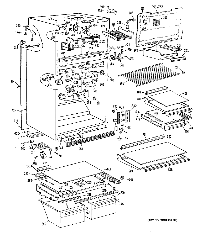 Section Diagram and Parts List for TBCW21ZPBRWH  General Electric Refrigerator