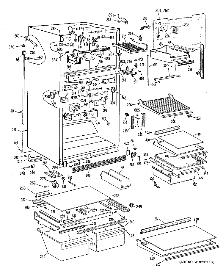 Section Diagram and Parts List for TBCW19ZPARWH  General Electric Refrigerator